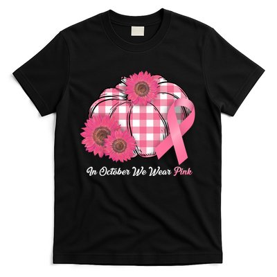 In October We Wear Pink Pumpkin Breast Cancer Plaid T-Shirt