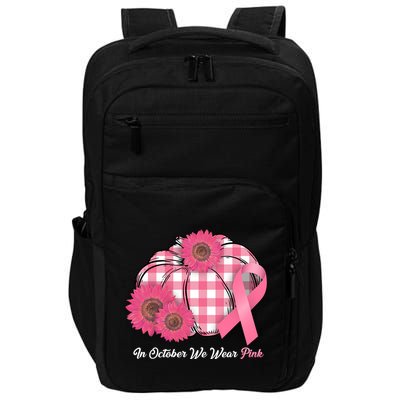 In October We Wear Pink Pumpkin Breast Cancer Plaid Impact Tech Backpack
