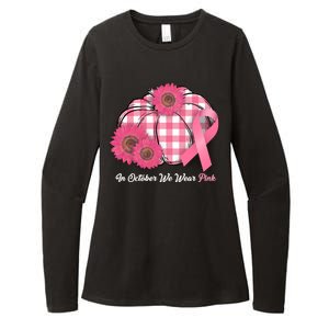 In October We Wear Pink Pumpkin Breast Cancer Plaid Womens CVC Long Sleeve Shirt