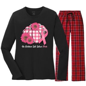 In October We Wear Pink Pumpkin Breast Cancer Plaid Women's Long Sleeve Flannel Pajama Set 