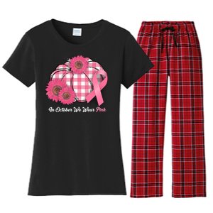 In October We Wear Pink Pumpkin Breast Cancer Plaid Women's Flannel Pajama Set