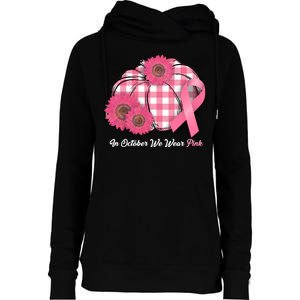 In October We Wear Pink Pumpkin Breast Cancer Plaid Womens Funnel Neck Pullover Hood