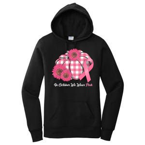 In October We Wear Pink Pumpkin Breast Cancer Plaid Women's Pullover Hoodie