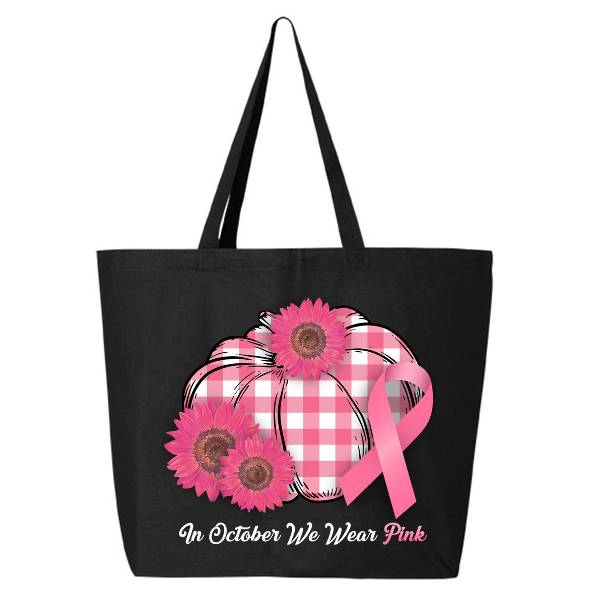 In October We Wear Pink Pumpkin Breast Cancer Plaid 25L Jumbo Tote