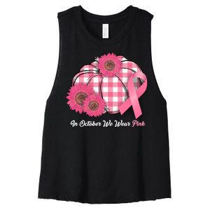 In October We Wear Pink Pumpkin Breast Cancer Plaid Women's Racerback Cropped Tank