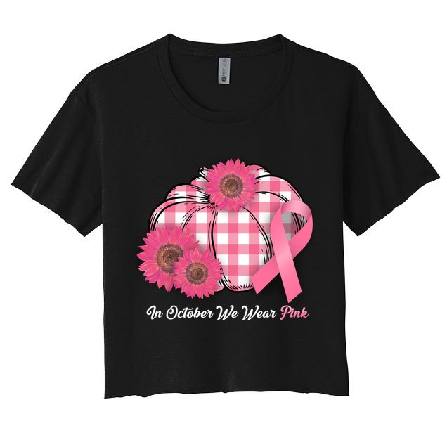 In October We Wear Pink Pumpkin Breast Cancer Plaid Crop Top