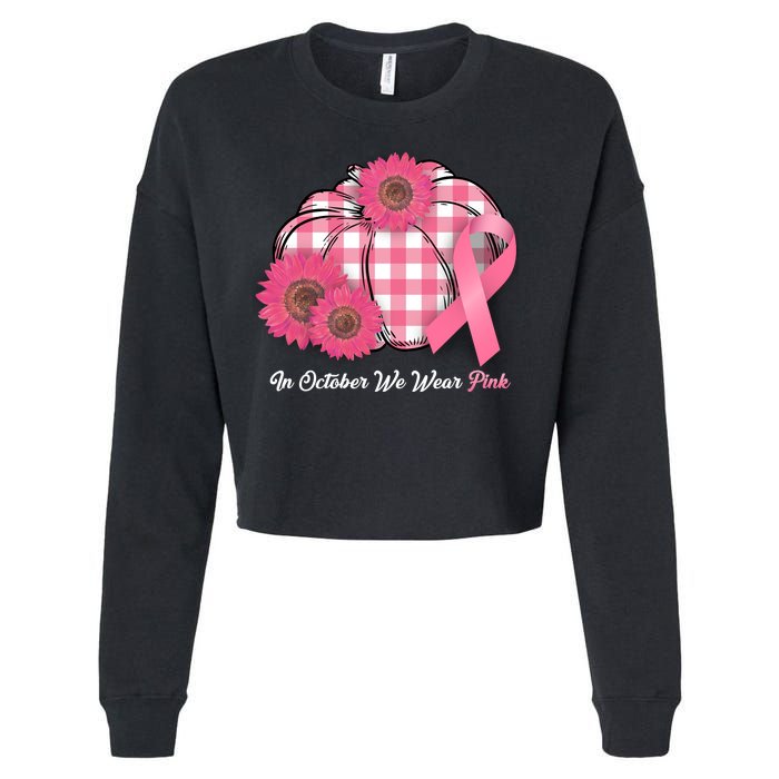 In October We Wear Pink Pumpkin Breast Cancer Plaid Cropped Pullover Crew