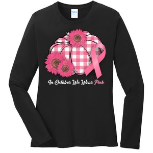 In October We Wear Pink Pumpkin Breast Cancer Plaid Ladies Long Sleeve Shirt