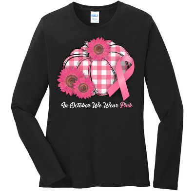 In October We Wear Pink Pumpkin Breast Cancer Plaid Ladies Long Sleeve Shirt