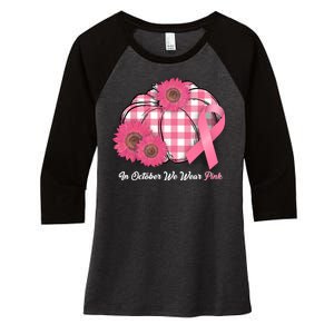 In October We Wear Pink Pumpkin Breast Cancer Plaid Women's Tri-Blend 3/4-Sleeve Raglan Shirt