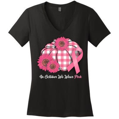 In October We Wear Pink Pumpkin Breast Cancer Plaid Women's V-Neck T-Shirt