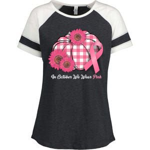 In October We Wear Pink Pumpkin Breast Cancer Plaid Enza Ladies Jersey Colorblock Tee