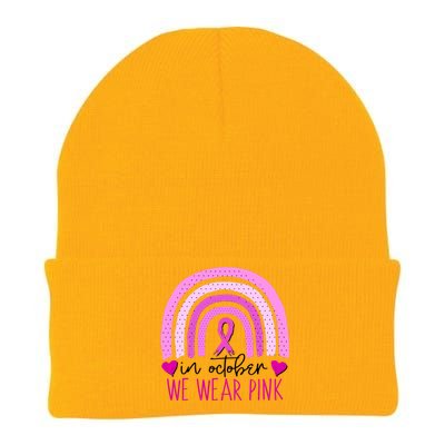 In October We Wear Pink Ribbon Rainbow Breast Cancer Awareness Knit Cap Winter Beanie