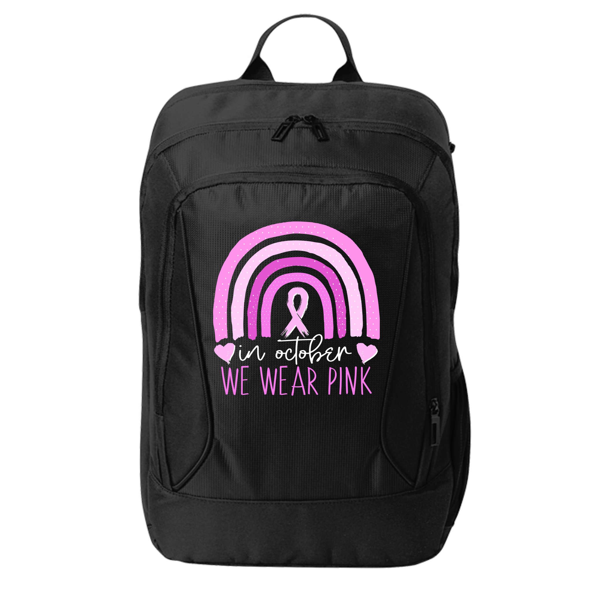 In October We Wear Pink Ribbon Rainbow Breast Cancer Awareness City Backpack