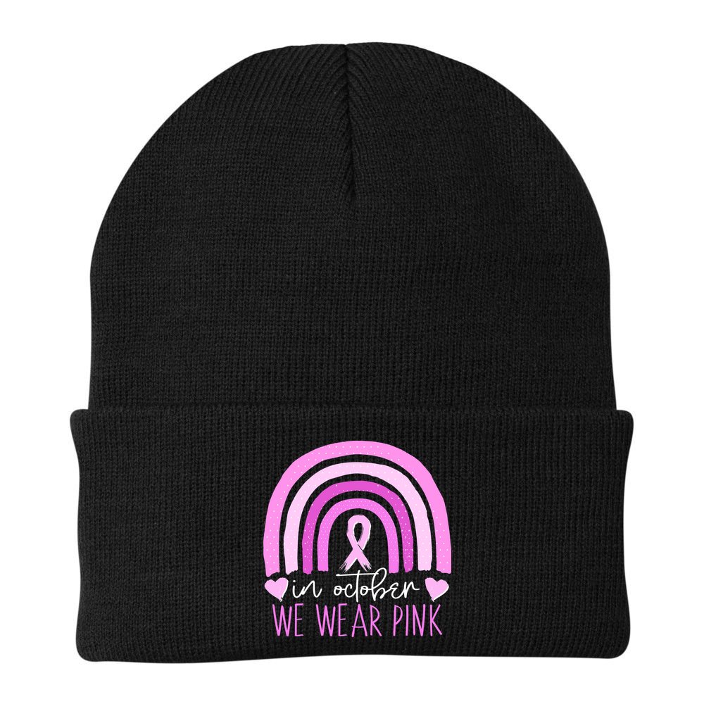 In October We Wear Pink Ribbon Rainbow Breast Cancer Awareness Beanie