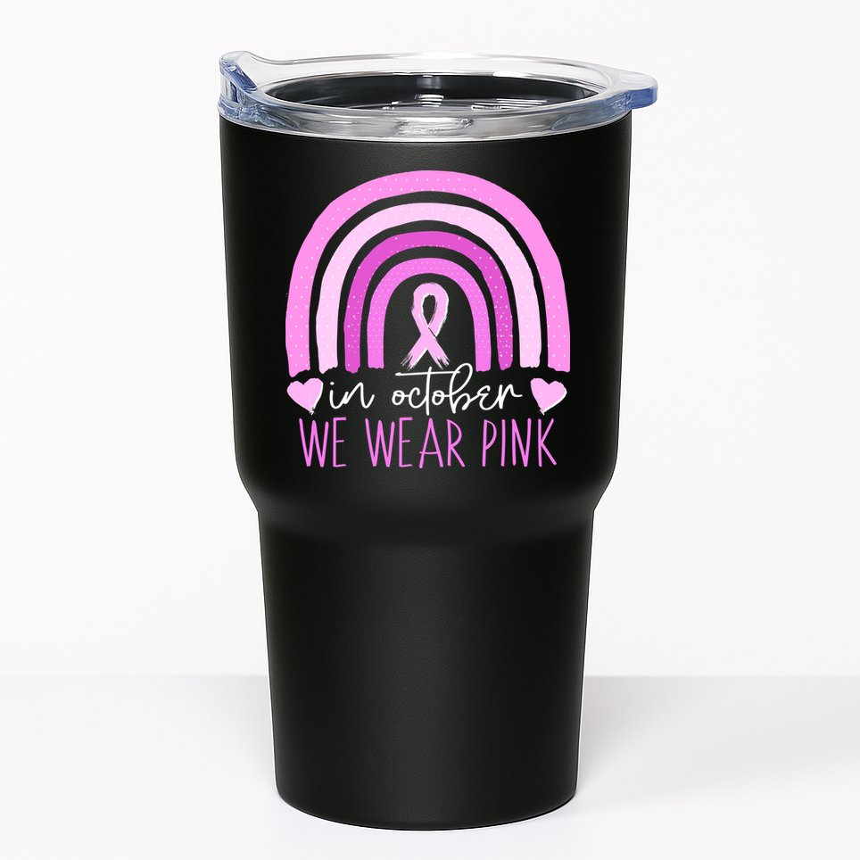 In October We Wear Pink Ribbon Rainbow Breast Cancer Awareness Tumbler