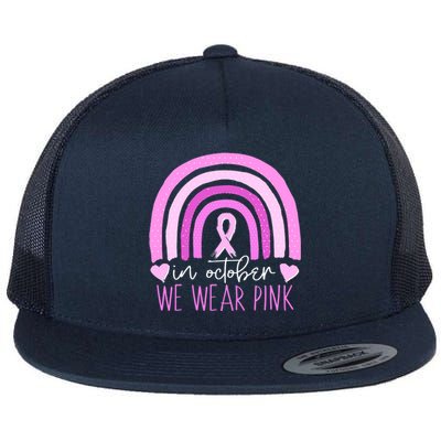 In October We Wear Pink Ribbon Rainbow Breast Cancer Awareness Flat Bill Trucker Hat