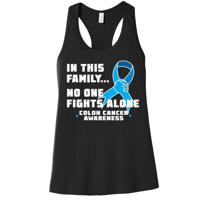 In This Family No One Fights Alone Colon Cancer Women's Racerback Tank