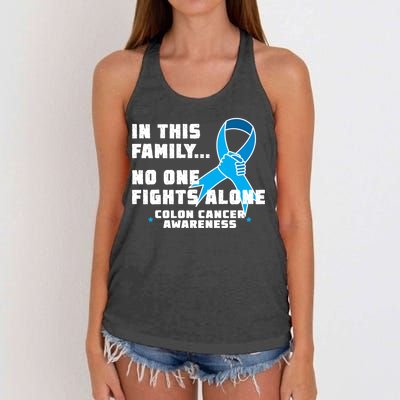 In This Family No One Fights Alone Colon Cancer Women's Knotted Racerback Tank