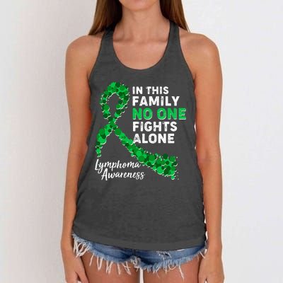 In This Family No One Fights Alone Lymphoma Awareness Women's Knotted Racerback Tank