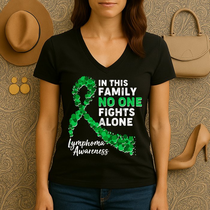 In This Family No One Fights Alone Lymphoma Awareness Women's V-Neck T-Shirt