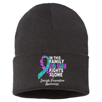 In This Family No One Fights Alone Suicide Prevention Awareness Sustainable Knit Beanie