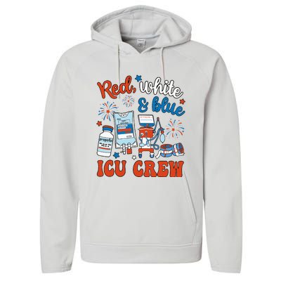 Icu Nurse 4th July Independence Day Red White Blue Performance Fleece Hoodie