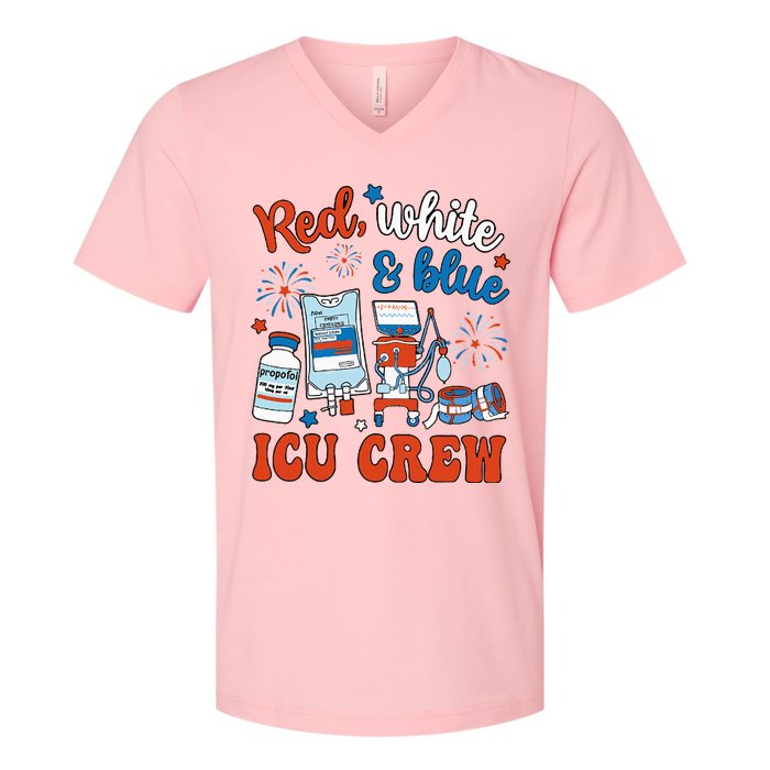 Icu Nurse 4th July Independence Day Red White Blue V-Neck T-Shirt