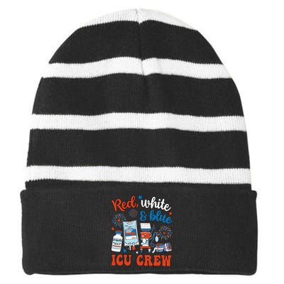 Icu Nurse 4th July Independence Day Red White Blue Icu Crew Striped Beanie with Solid Band