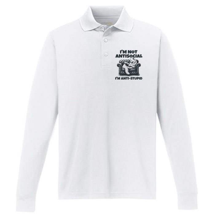 IM Not Antisocial IM Antistupid Black Performance Long Sleeve Polo