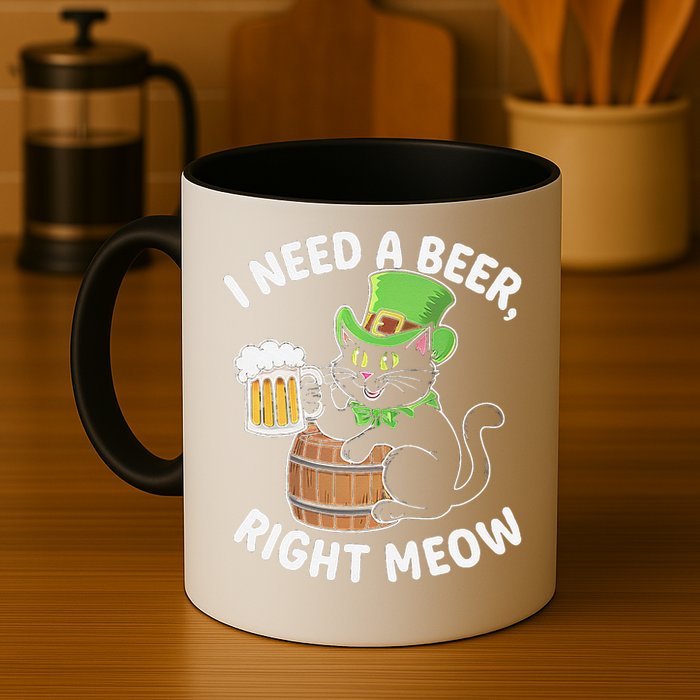 I Need a Beer Right Meow Funny Cat Drink beer St Patricks Mug