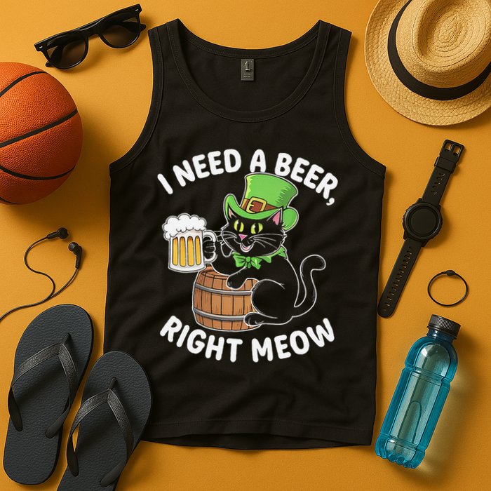 I Need a Beer Right Meow Funny Cat Drink beer St Patricks Tank Top