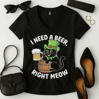 I Need a Beer Right Meow Funny Cat Drink beer St Patricks Women's V-Neck T-Shirt