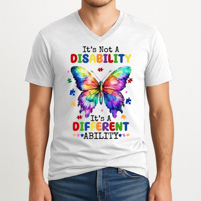 Its Not A Disability Its A Different Ability Autism Butterfly V-Neck T-Shirt