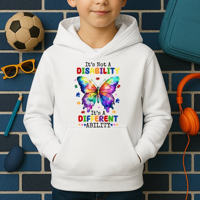 Its Not A Disability Its A Different Ability Autism Butterfly Kids Hoodie