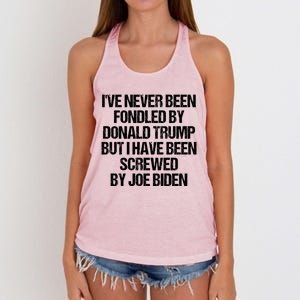 I'VE NEVER BEEN FONDLED BY DONALD TRUMP BUT I HAVE BEEN SCREWED BY JOE BIDEN Women's Knotted Racerback Tank