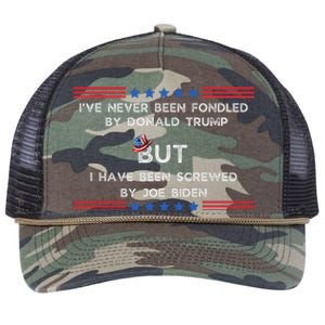 I’Ve Never Been Fondled By Donald Trump But I Have Been Screwed By Joe Biden Retro Rope Trucker Hat Cap