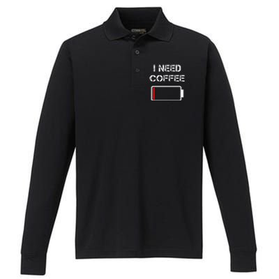 I Need Coffee Funny Coffee Cups Battery Beans Coffee Performance Long Sleeve Polo