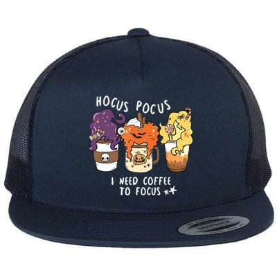 I Need Coffee To Focus Halloween Teacher Girl Flat Bill Trucker Hat