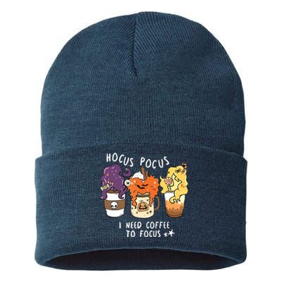 I Need Coffee To Focus Halloween Teacher Girl Sustainable Knit Beanie