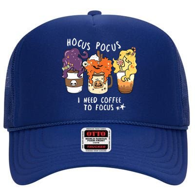 I Need Coffee To Focus Halloween Teacher Girl High Crown Mesh Back Trucker Hat