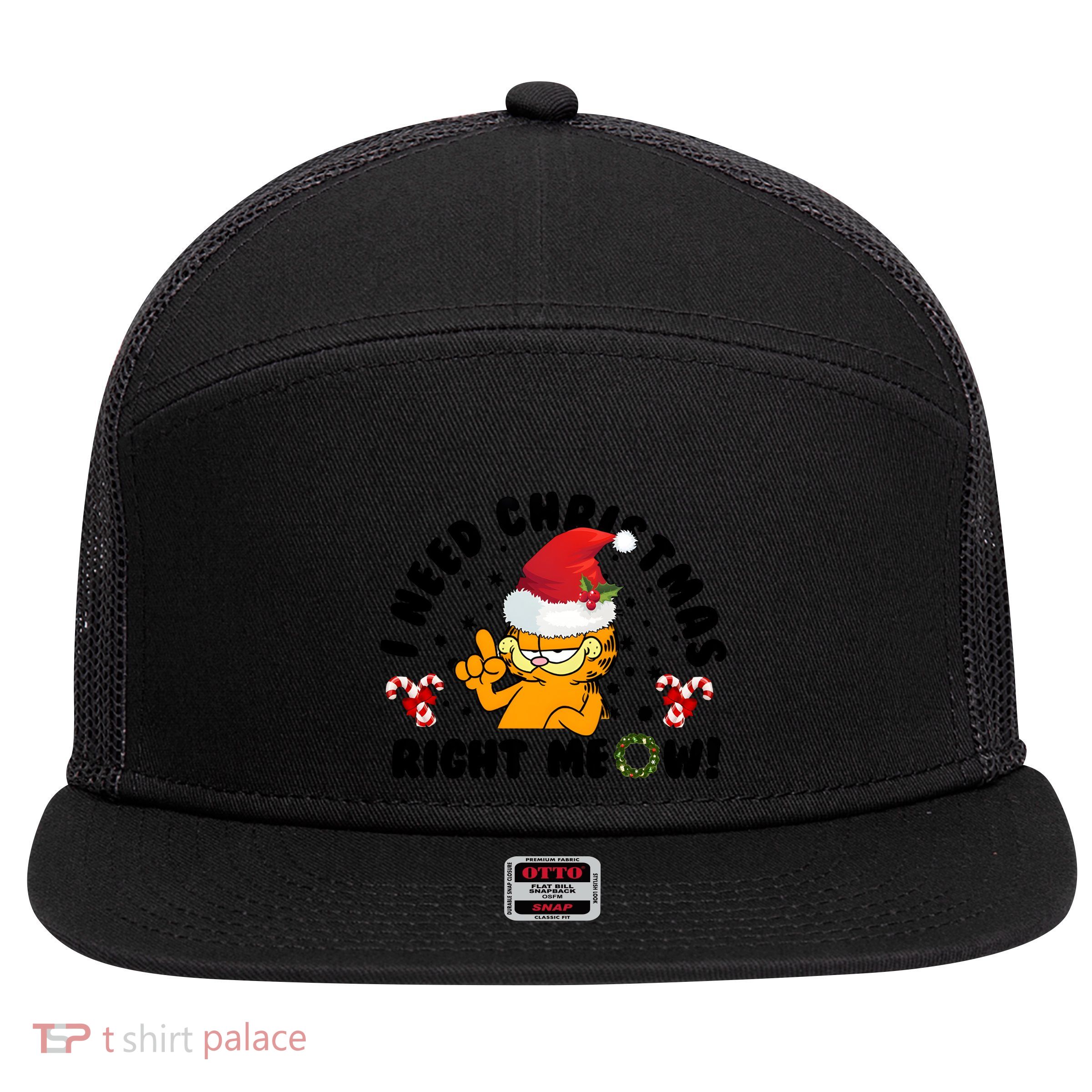 I Need Christmas Right Meow Funny Santa Cat 7 Panel Mesh Trucker Snapback Hat
