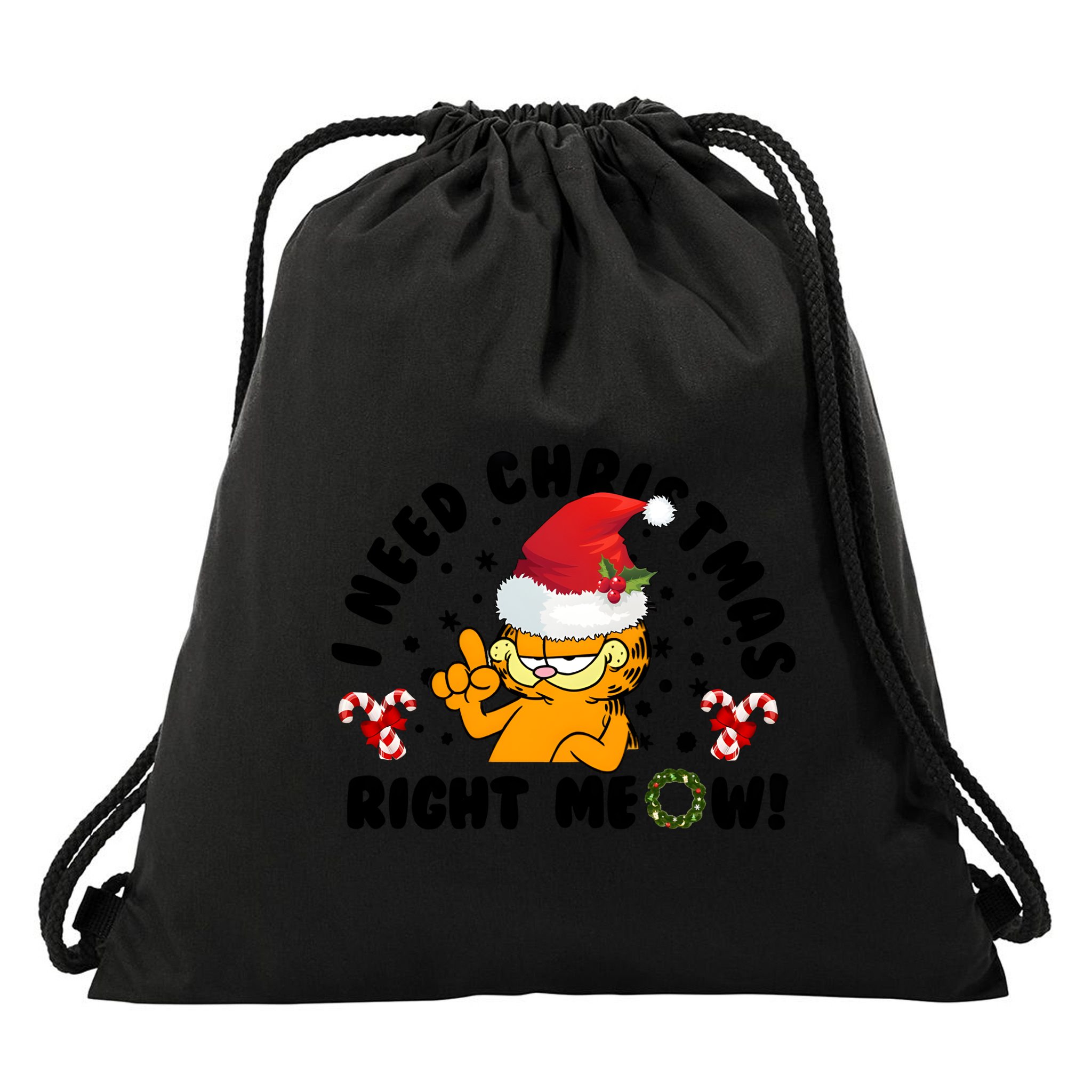 I Need Christmas Right Meow Funny Santa Cat Drawstring Bag