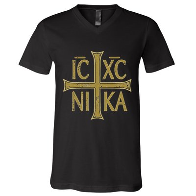 Icxc Nika Christogram Cross Orthodox Christian Discreet V-Neck T-Shirt