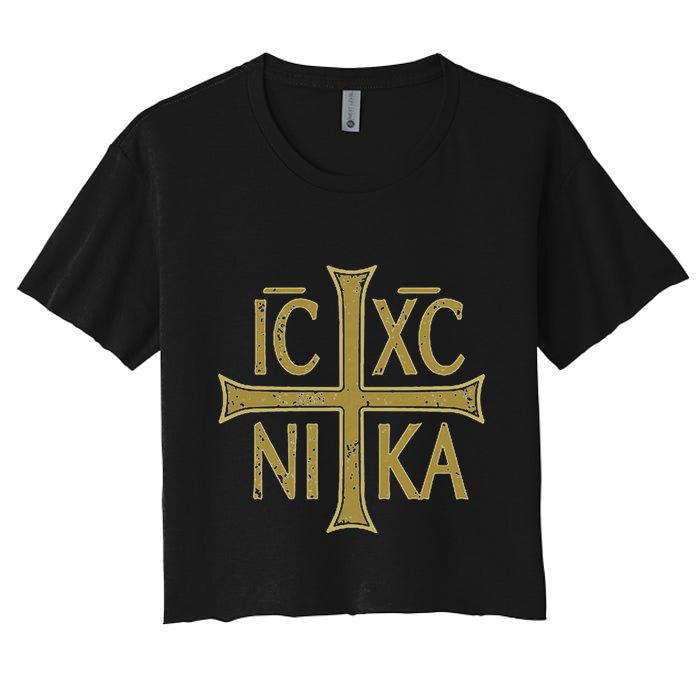 Icxc Nika Christogram Cross Orthodox Christian Discreet Women's Crop Top Tee