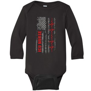 ICU Nurse Critical Care American Flag Funny Quote Baby Long Sleeve Bodysuit