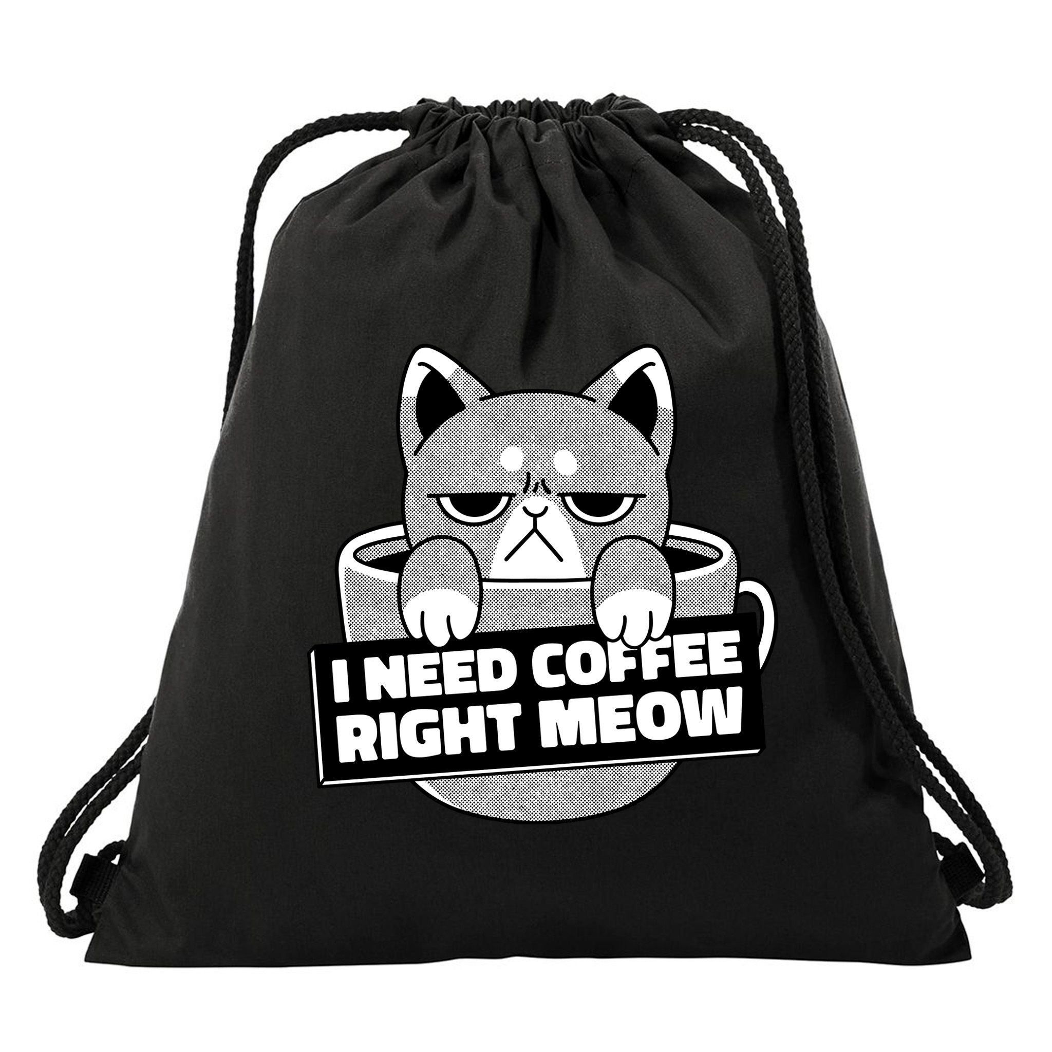 I Need Coffee Right Meow Drawstring Bag