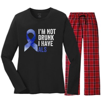 I'm Not Drunk I Have ALS Awareness Costume Blue Ribbon Women's Long Sleeve Flannel Pajama Set 