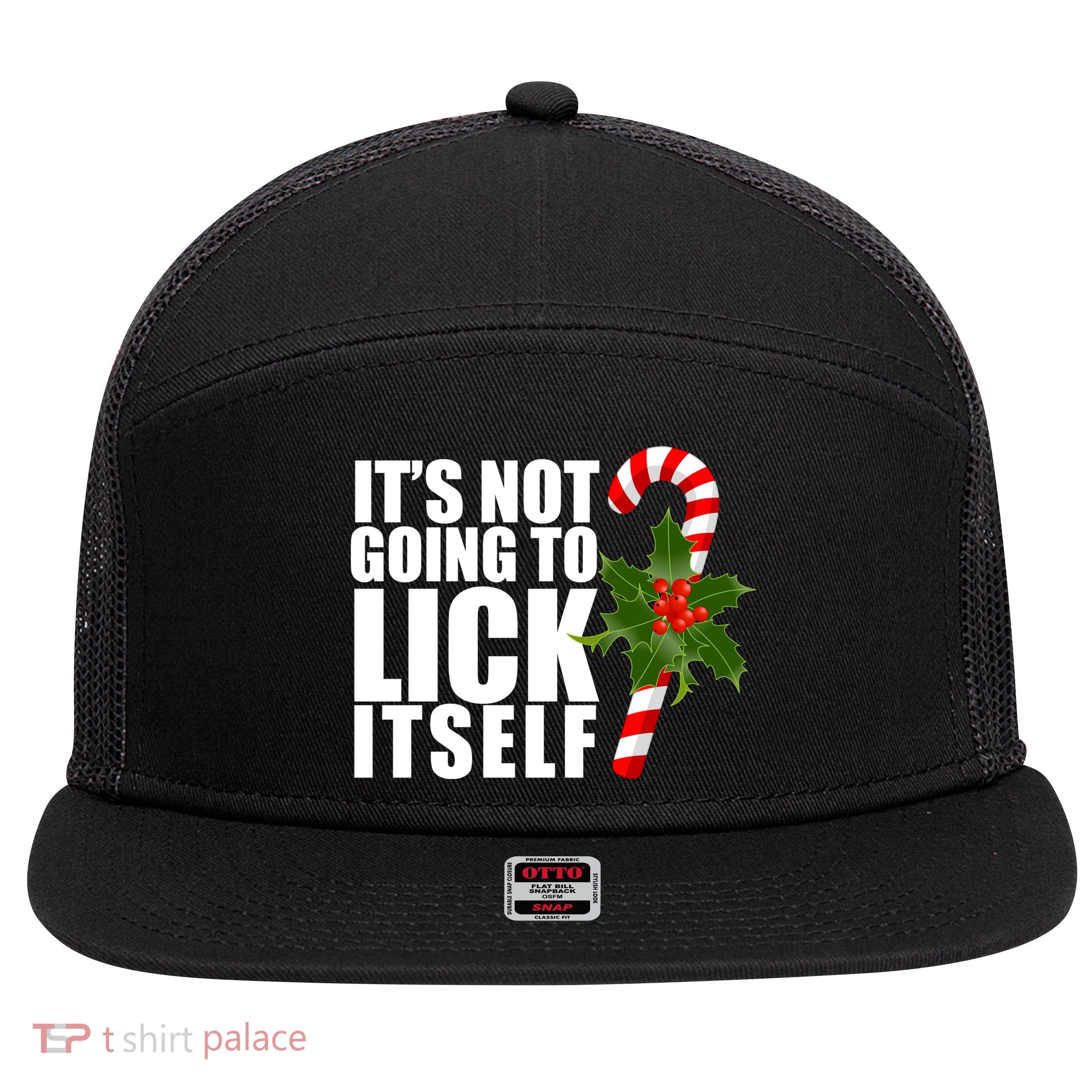 It's Not Going To Lick Itself Funny Candy Cane Christmas 7 Panel Mesh Trucker Snapback Hat