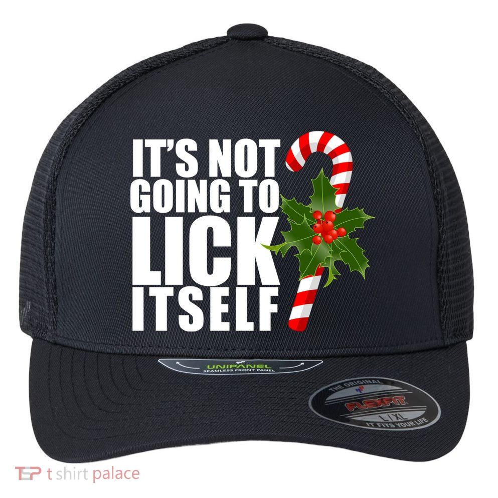 It's Not Going To Lick Itself Funny Candy Cane Christmas Flexfit Unipanel Trucker Cap